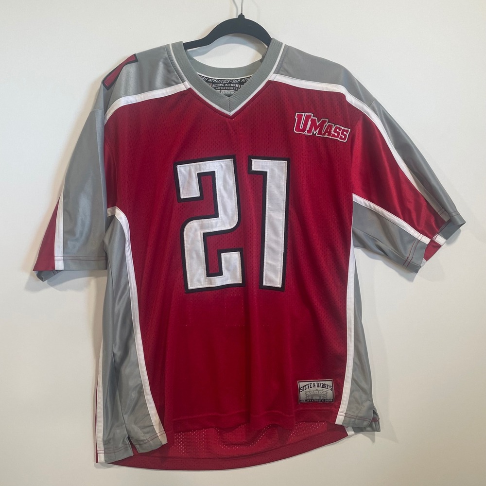 Steve & Barrys UMass Minutemen Football Jersey Red Grey Mens Large #21 V-Neck